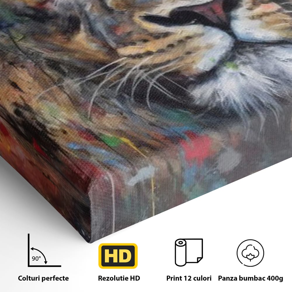 Detaliu al suprafetei: tablou canvas cu leu colorat, fara rama, pe sasiu de lemn